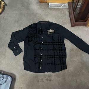 Black  Button-Up Shirt with Embroidered Design